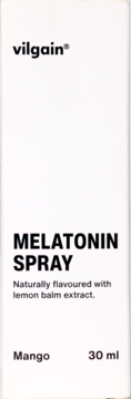 Front opakowania Vilgain Melatonin Spray, białe, z czarnym tekstem, smak mango, 30 ml, z ekstraktem z melisy.