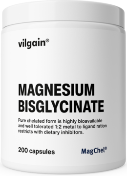 Biały pojemnik Vilgain Magnesium Bisglycinate 200 kapsułek, chelatowana forma z MagChel, widok z przodu.