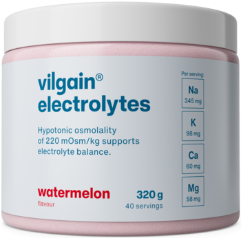 Vilgain Elektrolity arbuzowe 320g, biała tuba z niebieskim logo i informacją o Na, K, Ca, Mg, widok z przodu.