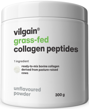 Biały cylindryczny słoik Vilgain Grass-fed Collagen Peptides powder 300g, zielony napis.
