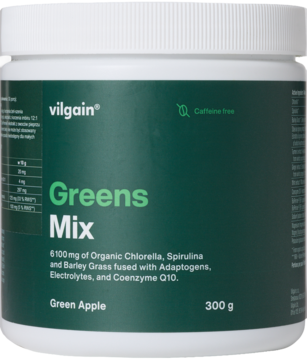 Biały słoik Vilgain Greens Mix (Green Apple, 300g) z zieloną etykietą, widok z przodu. Suplement superfoods bez kofeiny.