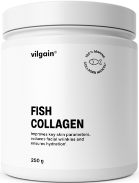Białe opakowanie Vilgain Fish Collagen 250g, z okrągłym logo 100% Marine Naticol, widok z przodu.