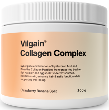 Biały słoik Vilgain Kolagen Complex Truskawka & Banan 300g, suplement diety, widok z przodu.