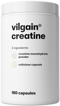Biały pojemnik Vilgain Creatine 180 kapsułek, z przodu czarny napis, ikony składników: kreatyna, celuloza.