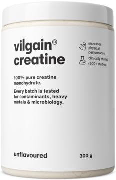 Vilgain kreatyna monohydrat, biały słoik 300g, bezzapachowy. Widok z przodu, minimalistyczne logo.