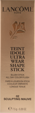 Złote opakowanie różu Lancôme Teint Idole Shape Stick, 02 Sculpting Mauve, z wytłoczoną różą, widok z przodu.