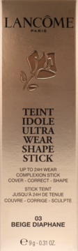 Podkład w sztyfcie Lancôme Teint Idole Ultra Wear Shape Stick 03 Beige Diaphane, beżowe pudełko, widok z przodu.