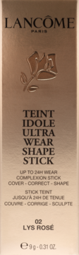 Podkład w sztyfcie Lancôme Teint Idole Ultra Wear Shape Stick 02 Lys Rosé, złoto-różowe opakowanie, widok z przodu.
