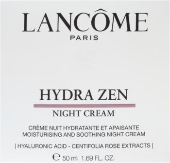 Lancôme Hydra Zen Night Cream w białym pudełku, widok z przodu, nawilżający, z kwasem hialuronowym i różą.