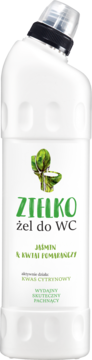 Biała butelka ZIELKO Żel do WC Jaśmin & kwiat pomarańczy, z zielonym napisem, widok z przodu.