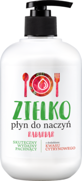 Zielko płyn do naczyń Rabarbar, biała butelka z czarną pompką, z kwasem cytrynowym, widok z przodu.