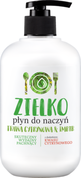 Biała butelka płynu do naczyń Zielko Trawa Cytrynowa i Imbir z kwasem cytrynowym, widok z przodu.
