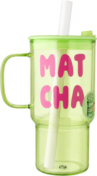 Eloy Kubek matcha ze słomką, przezroczysty zielony z różowym napisem 'MATCHA' i białą słomką, widok z przodu.