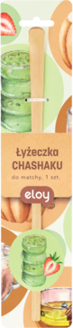 Eloy drewniana łyżeczka CHASHAKU do matchy, 1 sztuka, widok z przodu w opakowaniu z grafikami matcha.