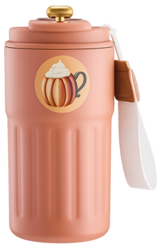 Bladoróżowy przenośny blender/kubek, z uchwytem i naklejką kawy dyniowej z bitą śmietaną, widok z przodu.