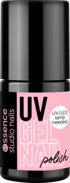 Jasnoróżowy lakier essence studio nails UV GEL NAIL 217, czarna butelka z różową etykietą i napisem 'UV GEL NAIL'.