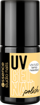 Lakier żelowy essence studio nails UV GEL NAIL w czarnej butelce, żółta etykieta, widok z przodu.