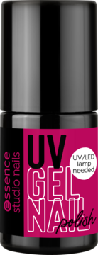 Lakier essence studio nails UV GEL NAIL w odcieniu truskawkowym, czarna butelka z różową etykietą 'UV/LED lamp needed'.