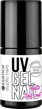 Czarne opakowanie Essence Studio UV Gel Nail matowy top coat, widok z przodu na białą etykietę.