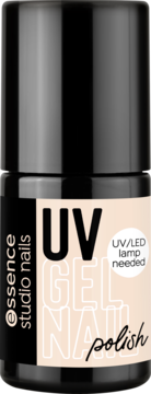Beżowy lakier essence studio nails UV GEL NAIL, odcień 220, z czarną nakrętką, na beżowej etykiecie, przód.