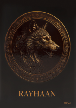 Front opakowania męskich perfum Rayhaan Wolf 100ml. Ciemna etykieta ze złotym, reliefowym medalionem z głową wilka w profilu.