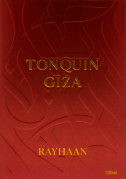 Czerwone opakowanie wody perfumowanej Rayhaan Tonquin Giza 100ml, ze złotym napisem i tłoczonym wzorem, widok z przodu.