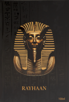 Unisex woda perfumowana Rayhaan Pharaoh 100ml: czarne opakowanie ze złotą, reliefową maską faraona, front.