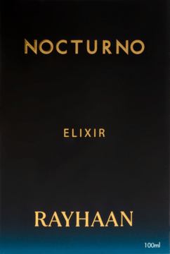 Czarno-granatowe opakowanie męskich perfum Rayhaan Nocturno Elixir 100ml, złote napisy, widok z przodu.