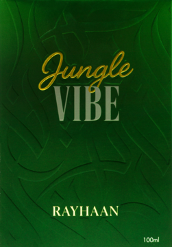Butelka wody perfumowanej Rayhaan Jungle Vibe 100ml, ciemnozielona, z wytłoczonym wzorem i złotym logo.