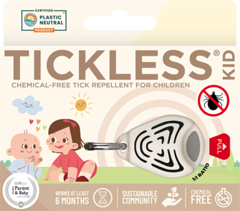 Tickless Kid, chemiczny odstraszacz kleszczy dla dzieci, w postaci białego urządzenia na tle bawiących się niemowląt.