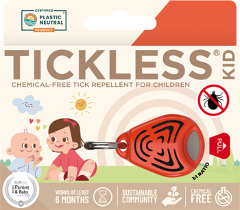 Tickless Kid, ultradźwiękowy odstraszacz kleszczy bez chemii dla dzieci, na czerwono-białym opakowaniu.