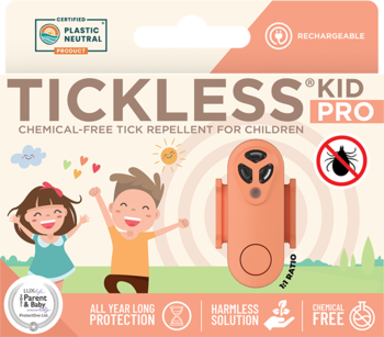 Tickless Kid Pro, pomarańczowy, ultradźwiękowy odstraszacz kleszczy dla dzieci, bez chemii, z ikonami bezpieczeństwa.