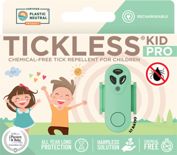 Tickless Kid Pro: zielony, ładowalny odstraszacz kleszczy dla dzieci, bez chemii, z rysunkami dzieci.
