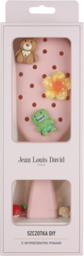 Jean Louis David SZCZOTKA DIY w różowym pudełku, z wymiennymi pinami: misiem, kwiatkiem, dinozaurem. Widok z przodu.