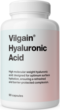 Biała butelka Vilgain Hyaluronic Acid 90 kapsułek, czarny tekst, widok z przodu, dla nawilżenia.