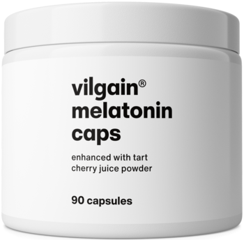 Biały słoik Vilgain Melatonin Caps 90 kapsułek, czarne napisy, widok z przodu, z ekstraktem z wiśni.