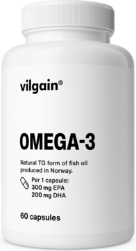 Biała butelka Vilgain Omega-3 Premium, 60 kapsułek, z tekstem o 300 mg EPA i 200 mg DHA, widok frontalny.