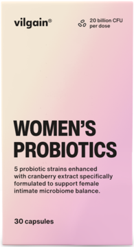 Vilgain Women's Probiotics 30 kapsułek w biało-różowym pudełku, widok z przodu, z informacją o 20 mld CFU i żurawinie.
