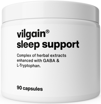 Biały pojemnik Vilgain Sleep Support, 90 kapsułek, widok z przodu. Zawiera ekstrakty ziołowe, GABA, L-Tryptofan.