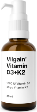 Suplement Vilgain Vitamin D3+K2 krople, brązowa butelka z białą pompką, 30 ml, widok z przodu.