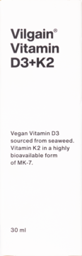 Białe opakowanie wegańskiego suplementu Vilgain Vitamin D3+K2 w kroplach, widok z przodu, 30 ml.