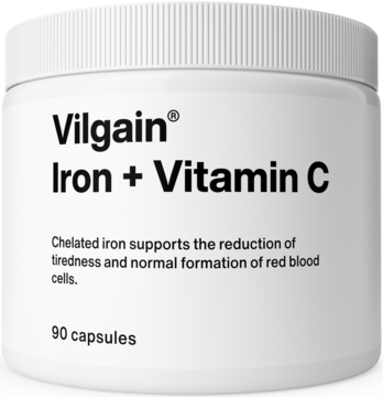 Vilgain Iron + Vitamin C, biały cylindryczny słoik z czarnym tekstem, widok z przodu, 90 kapsułek.