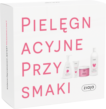 Biały zestaw Ziaja "Pielęgnacyjne Przysmaki" z różowym tekstem, ukazujący kosmetyki o zapachu truskawki, z boku cień.
