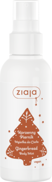 Ziaja Korzenny Piernik Gingerbread Body Mist, biała butelka z brązową grafiką piernikowej choinki, przód.