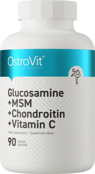 Biała butelka OstroVit Glucosamine MSM Chondroitin Vitamin C 90 tabletek, widok z przodu, z ikoną sportowca.