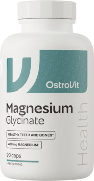 Biała butelka OstroVit Magnesium Glycinate 400mg, 90 kaps. na zdrowe kości, widok z przodu z zielonym logo.