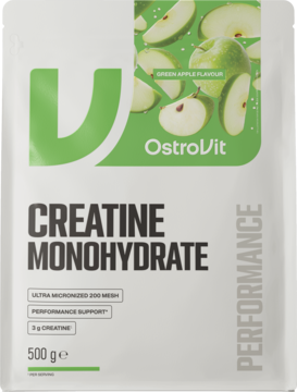 OstroVit Monohydrat Kreatyny 500g, smak zielone jabłko, biała saszetka z grafiką jabłek, widok z przodu.