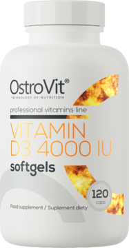 Biała butelka OstroVit Vitamin D3 4000 IU softgels, 120 kapsułek, z pomarańczowymi smugami, widok z przodu.