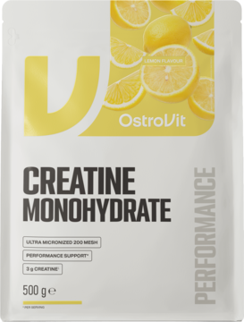 Biała saszetka OstroVit Creatine Monohydrate cytrynowy, z żółtym logo i plasterkami cytryny, widok z przodu.