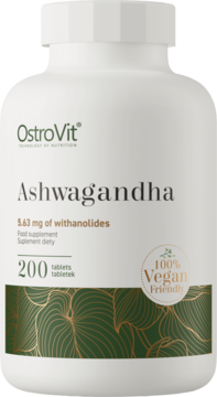 Biała butelka OstroVit Ashwagandha, 200 vegan tabletek z 5.63 mg witanolidów, widok z przodu.